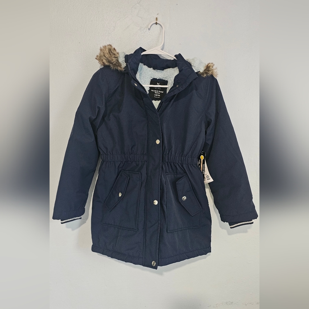 George Blue and Brown Puffer Jacket with Faux Fur Hood